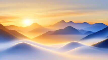 Fototapeta premium A serene scene of misty mountains at sunrise, with warm golden light breaking through layers of fog and illuminating the ridges.