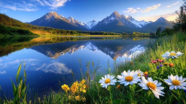 A serene mountains landscape with a tranquil lake reflecting towering peaks and vibrant wildflowers along the shoreline.