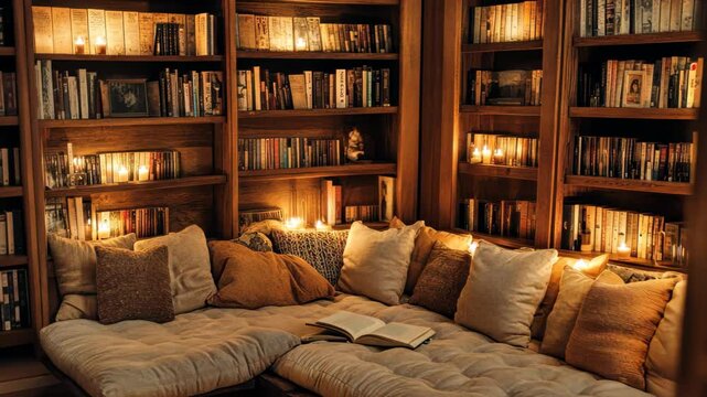 Cozy library corner with cushions and soft lighting invites relaxation and reading during the evening hours, Cozy library corner with cushions and warm lighting, inviting video background