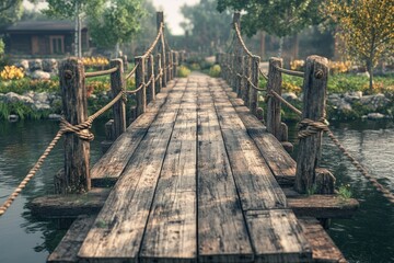 Obraz premium Walking along a rustic wooden bridge surrounded by lush greenery in a serene environment. Generative AI