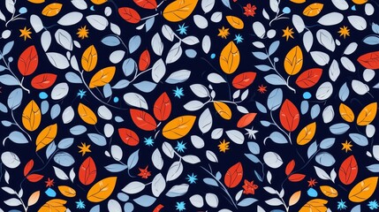 Colorful floral pattern featuring leaves and stars on a dark background.