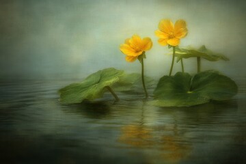 Yellow flowers on water, serene botanical scene, still life, background mist.
