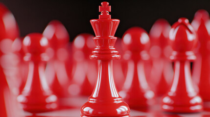 Artistic arrangement of red chess pieces with prominent king piece, showcasing strategy and elegance in vibrant display
