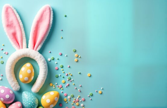 Easter concept photo shows colorful eggs sprinkles, bunny ears on light blue background. Top view arrangement creates playful springtime atmosphere. Ideal for Easter greeting cards invitations social