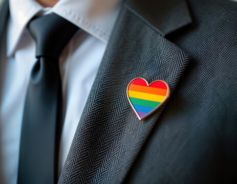 Man in suit wears pride badge. LGBT symbol pinned on lapel of formal jacket. Man displays support for LGBTQ community. Pride symbol heart. Close up detail. Formal attire. Symbol of love, tolerance.