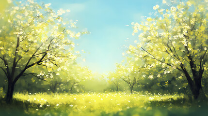 Beautiful blurred spring background nature with blooming glade trees and blue sky on a sunny day. Evergold. Illustration