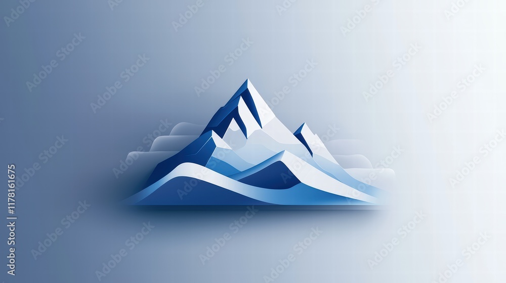 Poster a sleek mountain icon with layered contours, cool tones, and subtle shading to emphasize depth and s
