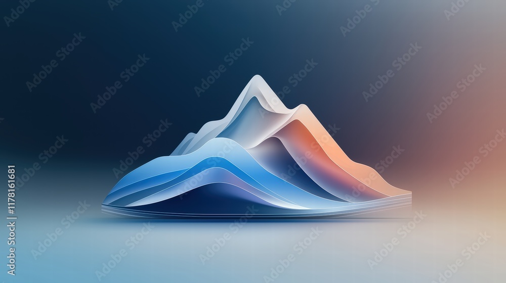 Poster a sleek mountain icon with layered contours, cool tones, and subtle shading to emphasize depth and s
