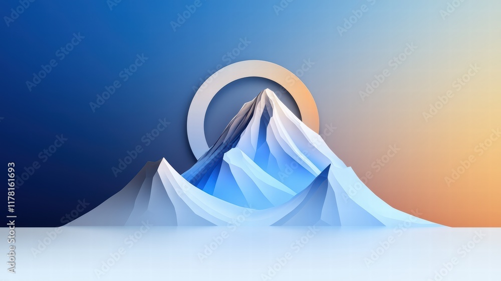 Poster a sleek mountain icon with layered contours, cool tones, and subtle shading to emphasize depth and s