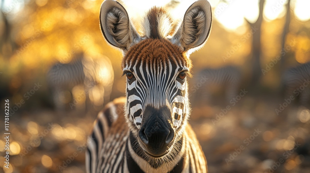 Poster close-up view of a zebra's face looking directly at the camera