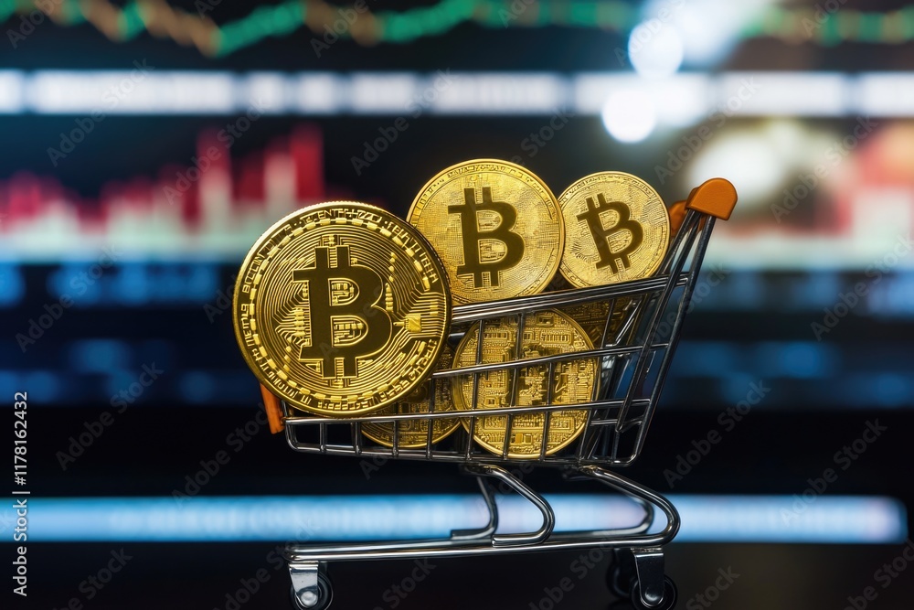 Poster image of a shopping cart filled with bitcoins on a computer screen, perfect for financial or technol