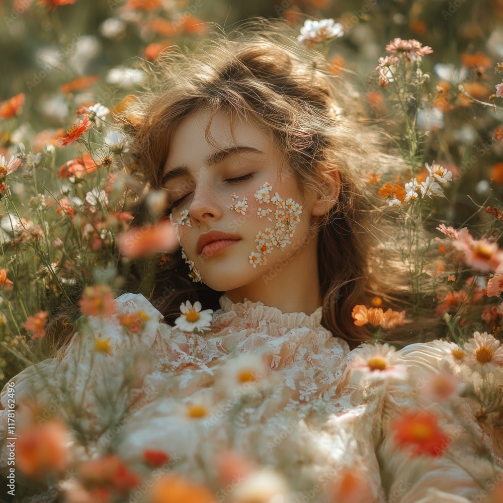 Poster A woman lying down in a field of flowers, eyes closed