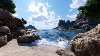 Obraz premium Scenic beach view with rocky cliffs and vibrant ocean waves.