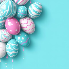 Fototapeta premium Decorative eggs in various pastel colors are arranged on a light blue surface, showcasing intricate patterns and designs