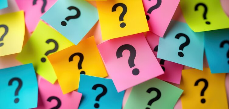 Colorful sticky notes with question marks create vibrant background. Many colorful paper notes layered together. Bright colors like pink yellow green blue orange. Playful, creative arrangement of - Powered by Adobe