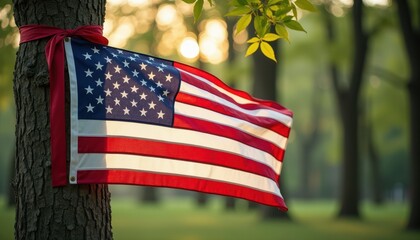 An american flag tied to a tree with a red ribbon, set against a blurred background of green trees
