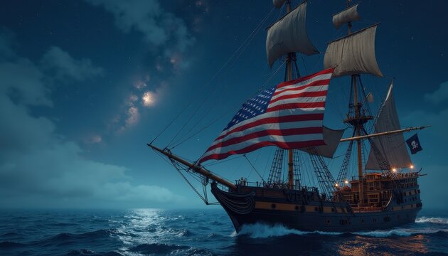 A tall ship sailing in the ocean under a starry night sky with a large american flag