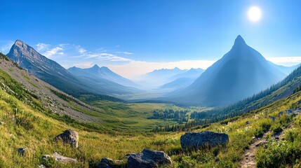 Fototapeta premium A stunning view of Montana mountains with rugged peaks, alpine meadows, and a clear blue sky stretching overhead.