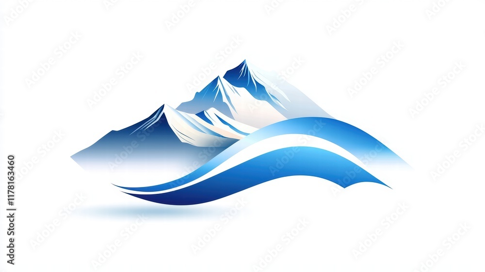 Poster a stylized mountain logo featuring a wave-like design and soft gradients to create a dynamic and mod