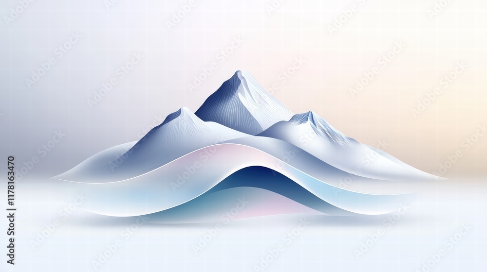 Poster a stylized mountain logo featuring a wave-like design and soft gradients to create a dynamic and mod
