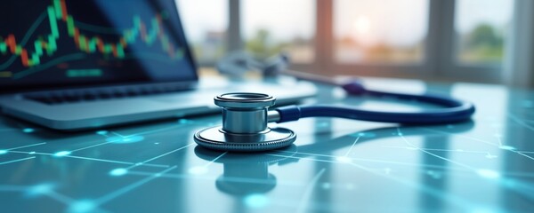 Medical tech secure data management. Stethoscope sits on modern tech table with digital network. Laptop background with financial chart. Secure patient data on network. Innovation in health care.