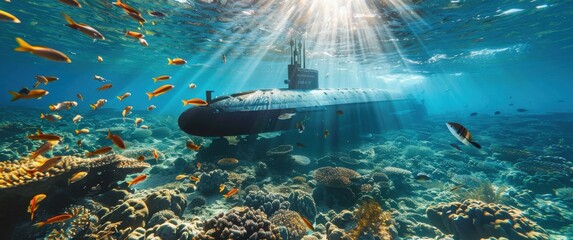 Fototapeta premium Futuristic Submarine in Paradise, A sleek submarine explores pristine waters teeming with vibrant fish and coral reefs.