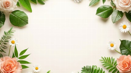 Fototapeta premium A symmetrical flower frame with roses, daisies, and lush green leaves encircling a pale cream background.