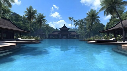Obraz premium Serene tropical resort with a tranquil pool and palm trees.