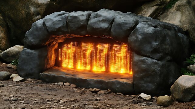Luminous Data Streams Emitting From A Stone Cave