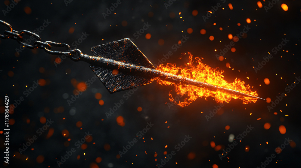 Poster a broken arrow wrapped in chains, suspended in midair with glowing embers, symbolizing struggle and 