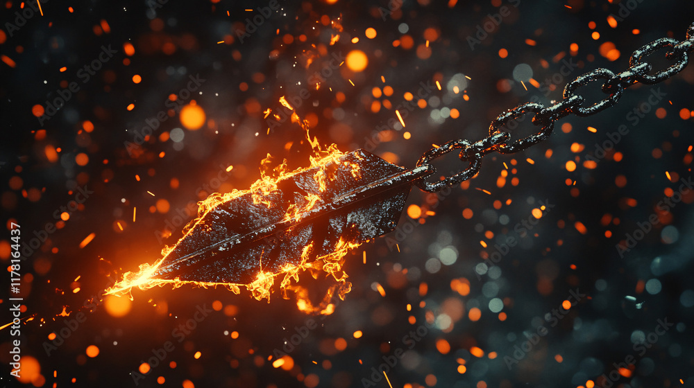 Poster a broken arrow wrapped in chains, suspended in midair with glowing embers, symbolizing struggle and 