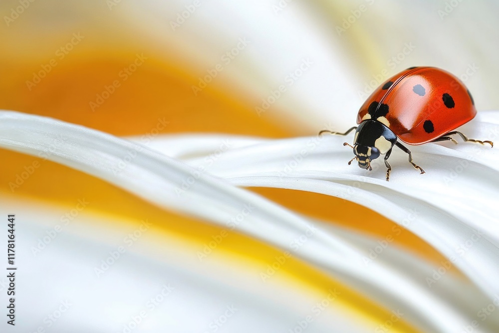 Poster a ladybug sits on the petals of a white flower, its tiny body a splash of color in the simplicity of