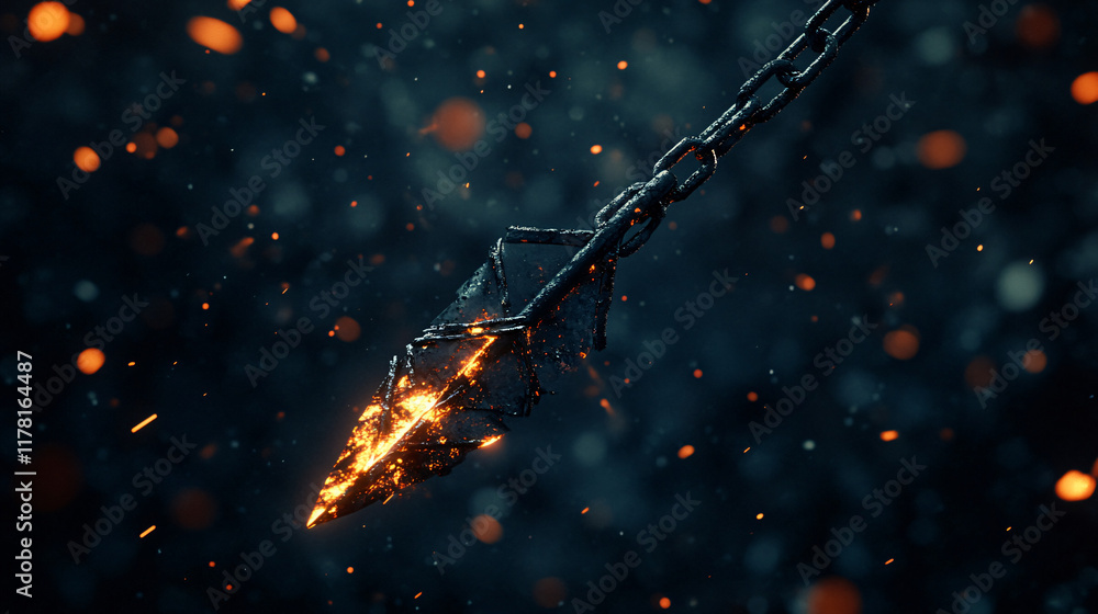 Poster a broken arrow wrapped in chains, suspended in midair with glowing embers, symbolizing struggle and 