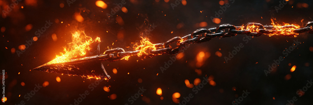 Poster a broken arrow wrapped in chains, suspended in midair with glowing embers, symbolizing struggle and 