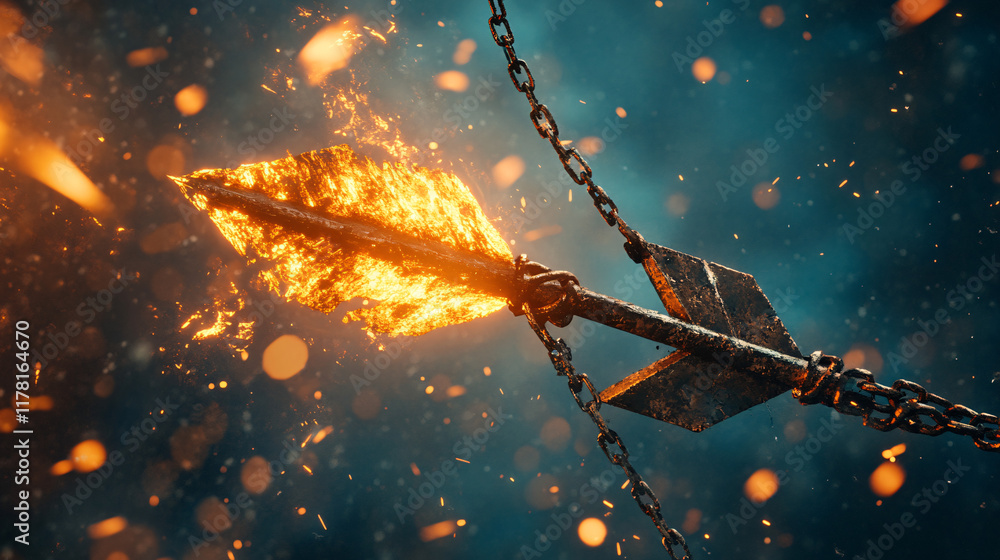 Poster a broken arrow wrapped in chains, suspended in midair with glowing embers, symbolizing struggle and 