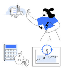 Woman avoiding unhealthy options, healthy foods, calculator for calorie tracking, and data chart. Ideal for health, diet, fitness, meal planning, analysis wellness abstract concepts