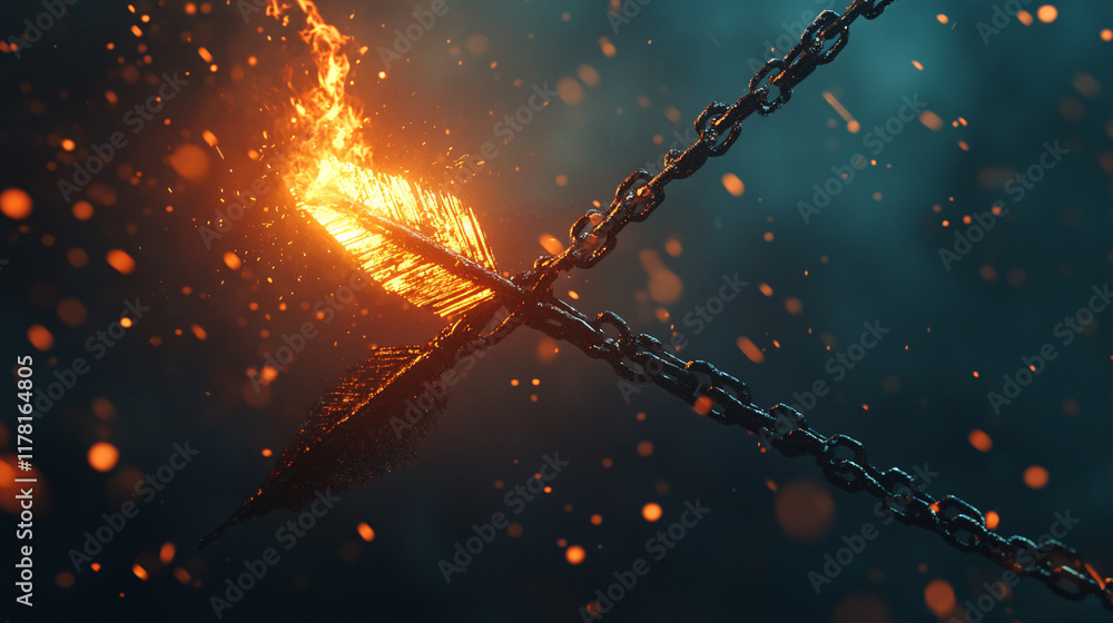Poster a broken arrow wrapped in chains, suspended in midair with glowing embers, symbolizing struggle and 