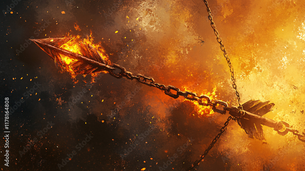 Poster a broken arrow wrapped in chains, suspended in midair with glowing embers, symbolizing struggle and 