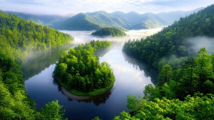 Obraz premium A tranquil Smokey Mountains scene with dense forests, fog-covered valleys, and a winding river reflecting the morning light.