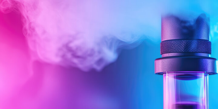 Close up on hookah for vaping. Ceramic hookah bowl with hot coals and smoke on colored abstract background with copy space, banner template