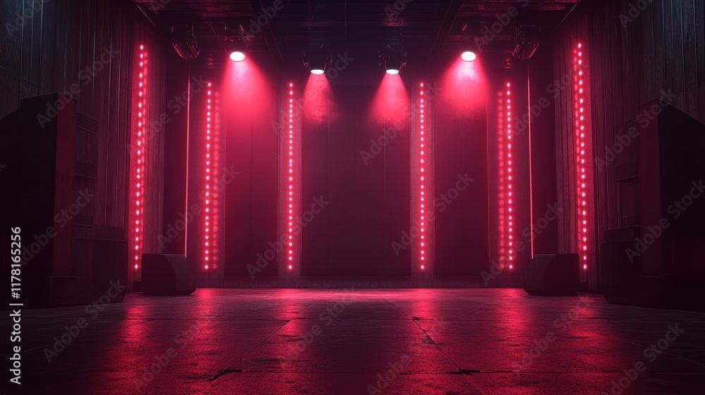 Poster bright red stage lights illuminate an empty performance space ready for an evening of entertainment.