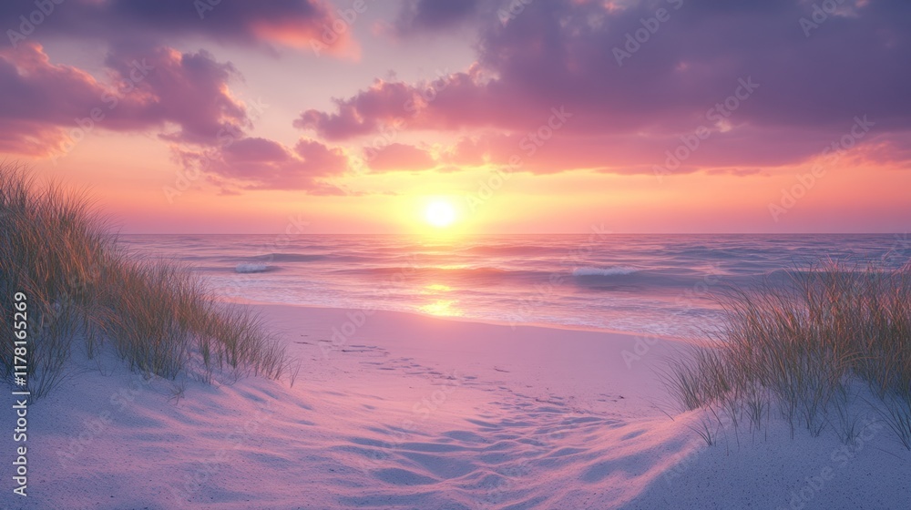 Poster sunset over the calm ocean viewed from a tranquil beach with gentle sand and soft grass. generative 