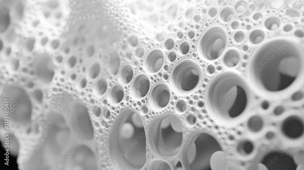 Poster close-up view of intricate white textured material revealing patterns of holes and bubbles. generati