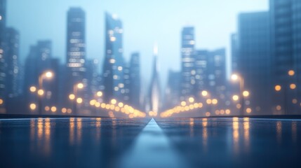 Cityscape at dusk with glowing street lights and foggy skyline highlighting urban architecture. Generative AI