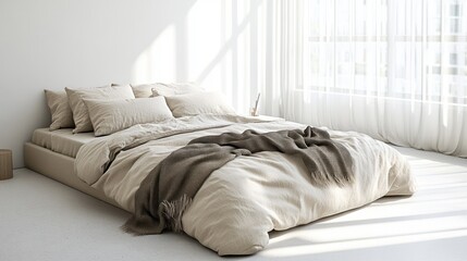 Cozy beige bedroom with large windows and soft linen bedding in a modern minimalist style. Generative AI