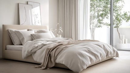 Modern bedroom featuring a cozy bed with soft linens and natural light from large windows. Generative AI