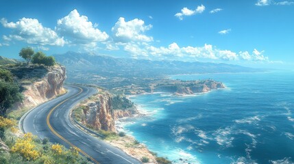 Scenic coastal road with cliffs, ocean views, and vibrant skies during a sunny day. Generative AI