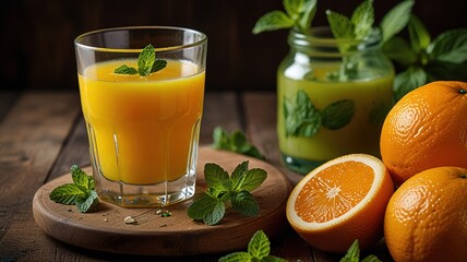Fototapeta premium Orange juice with mint on wooden table