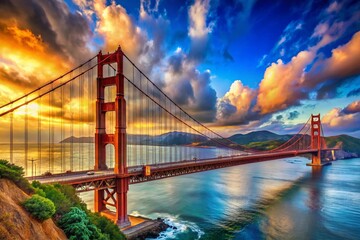 Fototapeta premium Surreal Golden Gate Bridge Detail: Vibrant Blue Sky, Dreamlike Vista