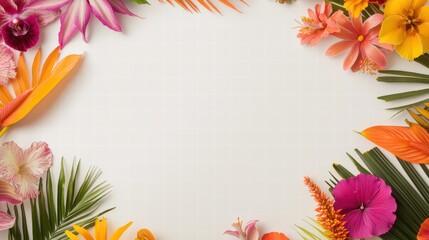A vibrant floral border with tropical flowers in a mix of bold colors, surrounding an empty white space.